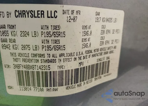 2008 Chrysler Pt Cruiser Lx z USA, uszkodzony, nr VIN 3A8FY48BX8T142315